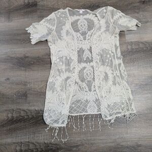 Xhilaration Cream Lace Crochet Fringe Women's Kimono